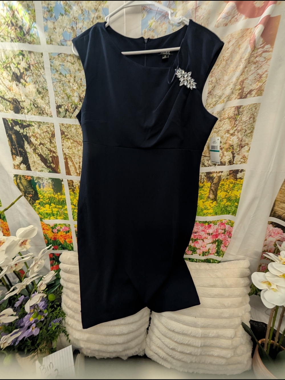 SLNY Navy Midi Dress with Rhinestone Brooch